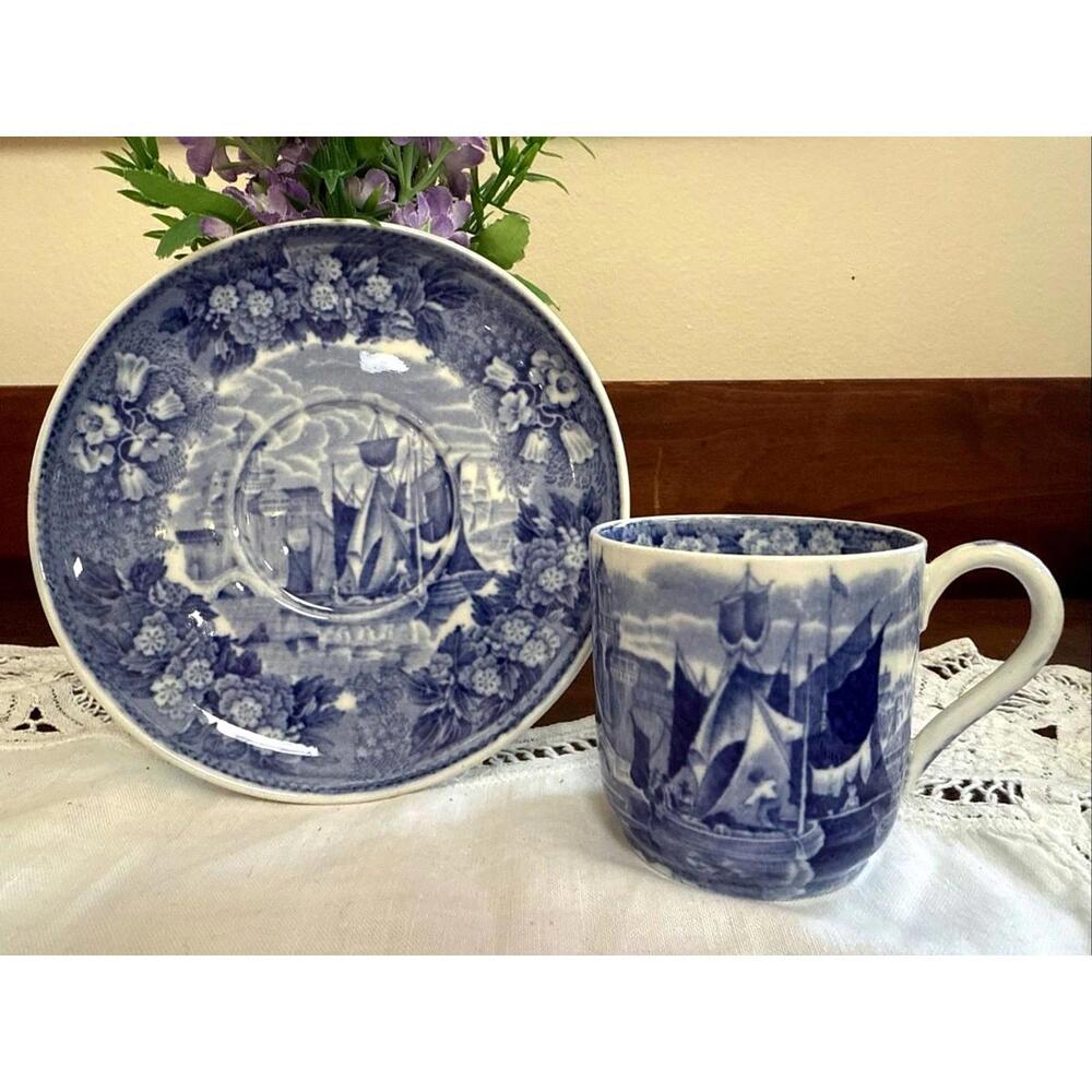 Antique Wedgwood Ferrara Demitasse Teacup &  Saucer Blue Ships Floral England